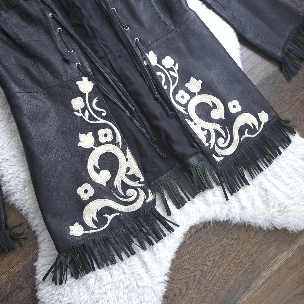 Vintage Euro Y2K Leather Floral Embroidered Fringe Lace Up Jacket - Picture 2 of 7